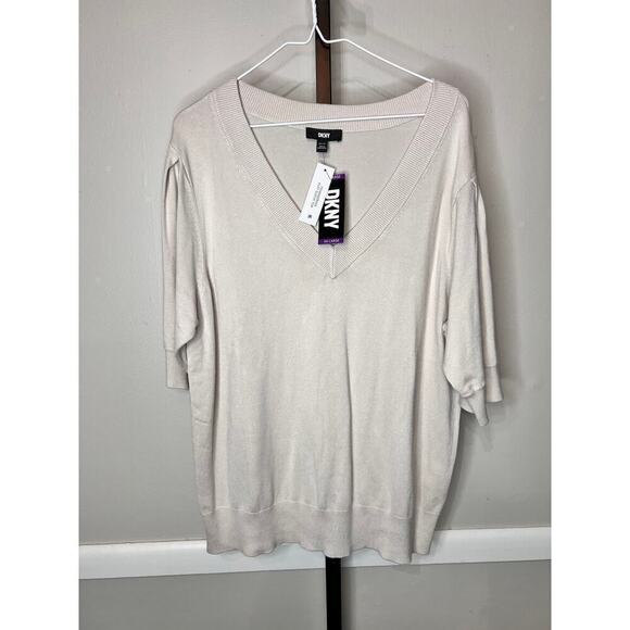 NWT DKNY Sweater Puff Sleeves V-Neck Lightweight Knit Birch Cream Womens XXL - Picture 2 of 8